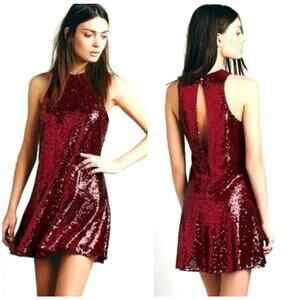Free People High Neck Ruby Red Sequin Dress Burgundy Sleeveless Swing Mini Small